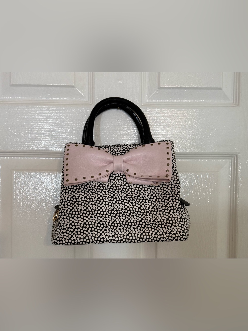 Betsey Johnson Black & Light Pink Polka Dot Top-Handle Satchel with Bow